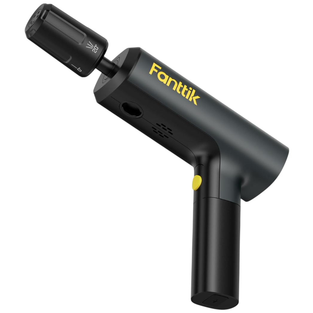 A Fanttik brand portable electric screwdriver with a sleek black design, featuring a yellow button and adjustable torque settings.