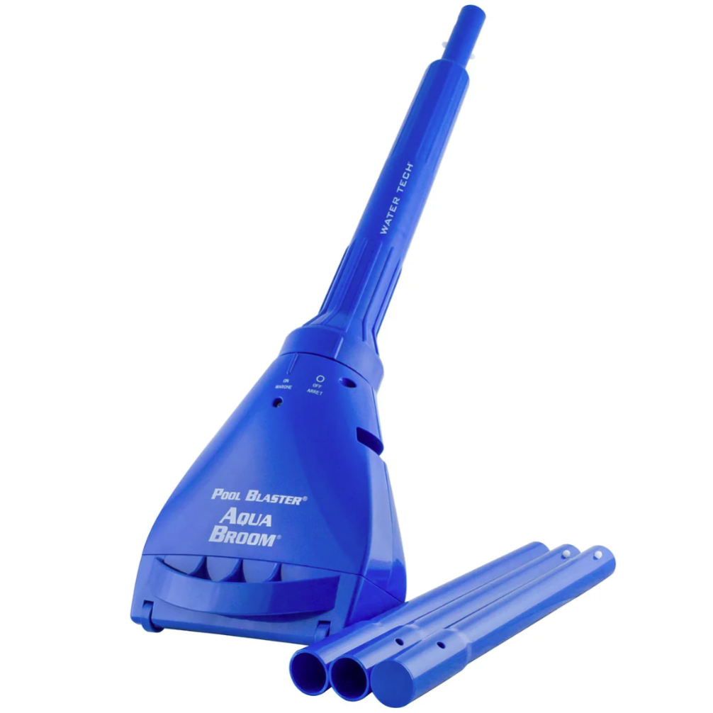 Blue Water Tech Pool Blaster Aqua Broom handheld pool vacuum with detachable extensions, designed for underwater cleaning.