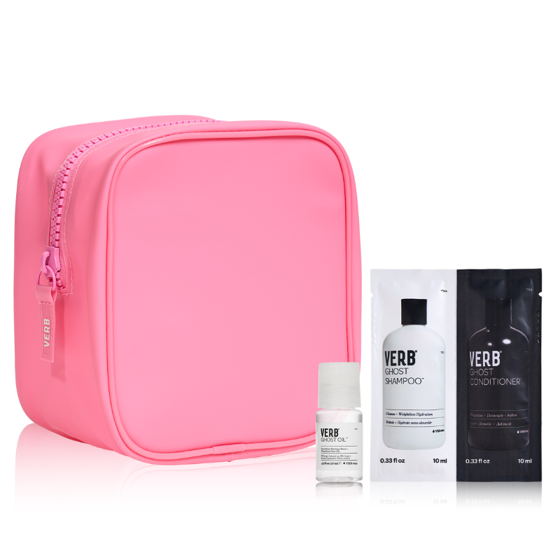 The Ghost on the Go set includes a pink travel pouch, 10ml sachets of Verb Ghost Shampoo and Conditioner, and a 10ml bottle of Verb Ghost Oil.