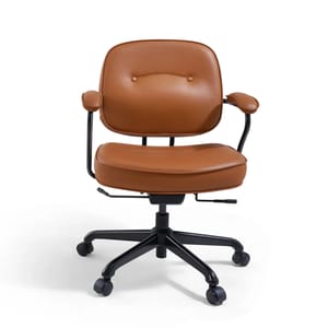Brown leather office chair with padded seat and backrest, adjustable height, black metal frame, and five casters for mobility.