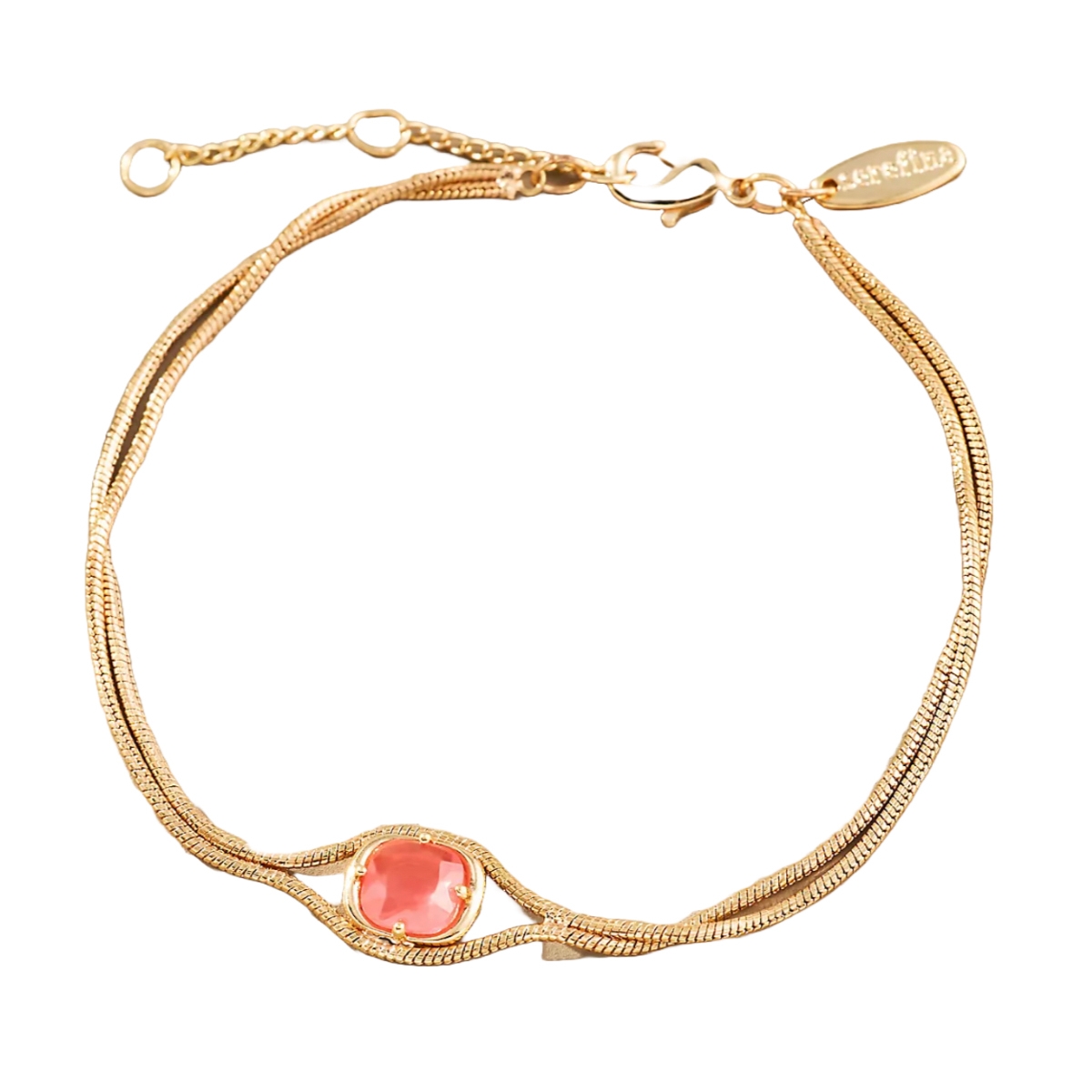 Gold-tone chain bracelet with a central pink stone, featuring an adjustable clasp and chain extender.