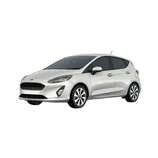 A white Ford Fiesta hatchback with tinted windows and alloy wheels, shown in a front-side view.