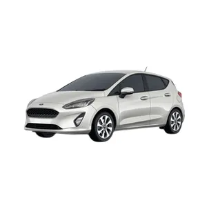 A white Ford Fiesta hatchback with tinted windows and alloy wheels, shown in a front-side view.