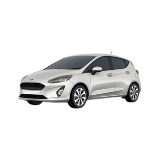 A white Ford Fiesta hatchback with tinted windows and alloy wheels, shown in a front-side view.