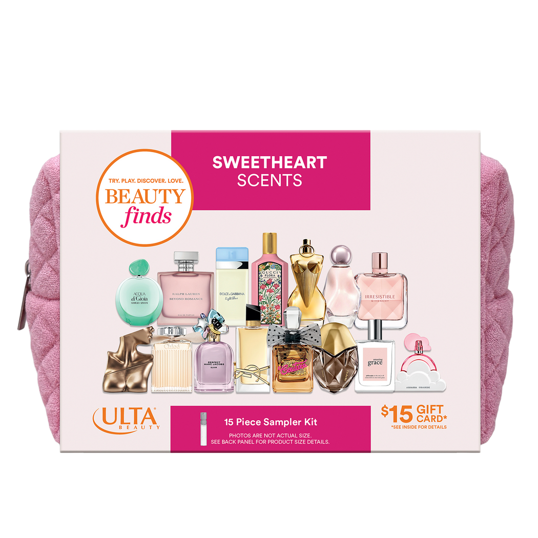 Sweetheart Scents 15-piece sampler kit includes various perfume bottles with a $15 gift card for use. Products are displayed with vibrant colors and diverse shapes, all encased in a textured pink pouch.