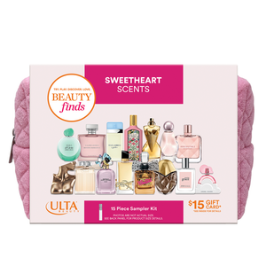 Sweetheart Scents 15-piece sampler kit includes various perfume bottles with a $15 gift card for use. Products are displayed with vibrant colors and diverse shapes, all encased in a textured pink pouch.