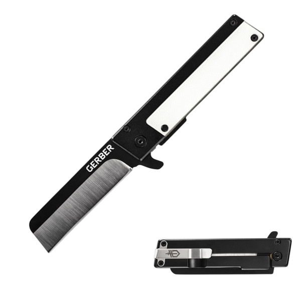 A Gerber folding knife featuring a straight-edged blade with a black and white handle, designed for easy portability and utility use, shown both open and closed.