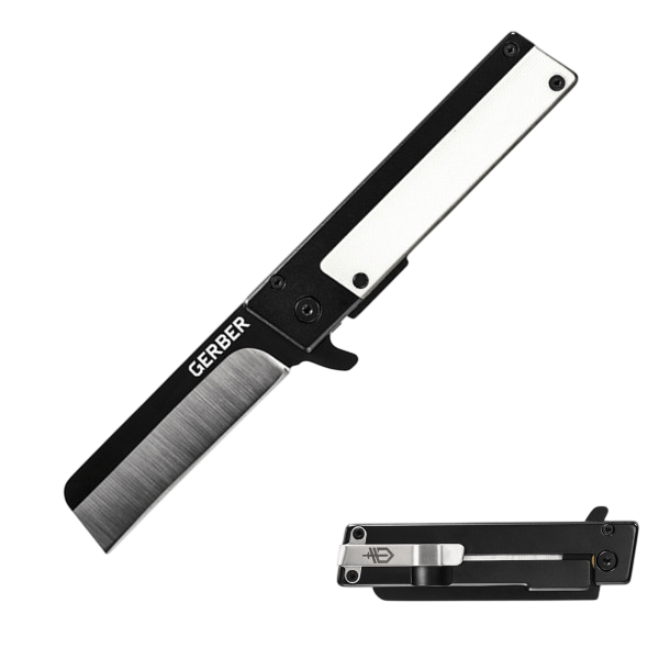 A Gerber folding knife featuring a straight-edged blade with a black and white handle, designed for easy portability and utility use, shown both open and closed.