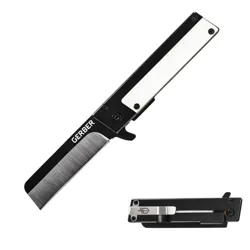 A Gerber folding knife featuring a straight-edged blade with a black and white handle, designed for easy portability and utility use, shown both open and closed.