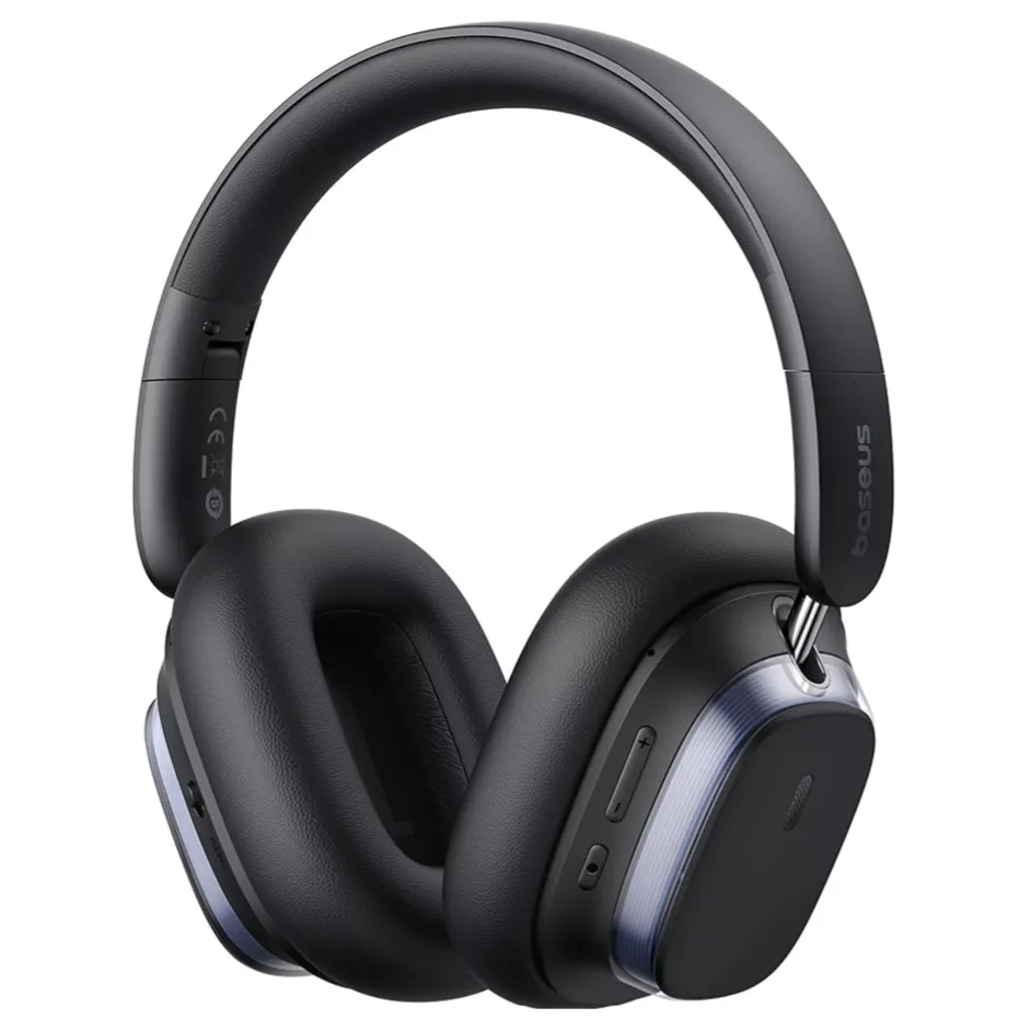 Baseus over-ear wireless headphones with soft cushioning, adjustable headband, control buttons on the side, and a sleek black design.