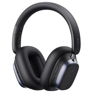 Baseus over-ear wireless headphones with soft cushioning, adjustable headband, control buttons on the side, and a sleek black design.