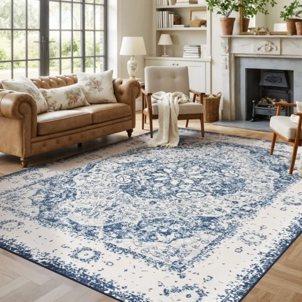 A living room features a tan leather sofa, two cream armchairs, a marble fireplace, and a large blue and white patterned rug. Shelves and a mirror above the fireplace complement the decor with plants and books.