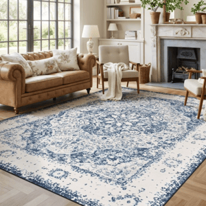 A living room features a tan leather sofa, two cream armchairs, a marble fireplace, and a large blue and white patterned rug. Shelves and a mirror above the fireplace complement the decor with plants and books.