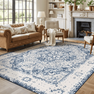 A living room features a tan leather sofa, two cream armchairs, a marble fireplace, and a large blue and white patterned rug. Shelves and a mirror above the fireplace complement the decor with plants and books.