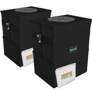 2-pack black car trash cans with a top opening and side straps, featuring mesh pockets and 20 included liners per can, totaling 40 bags.