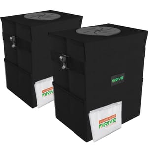 2-pack black car trash cans with a top opening and side straps, featuring mesh pockets and 20 included liners per can, totaling 40 bags.