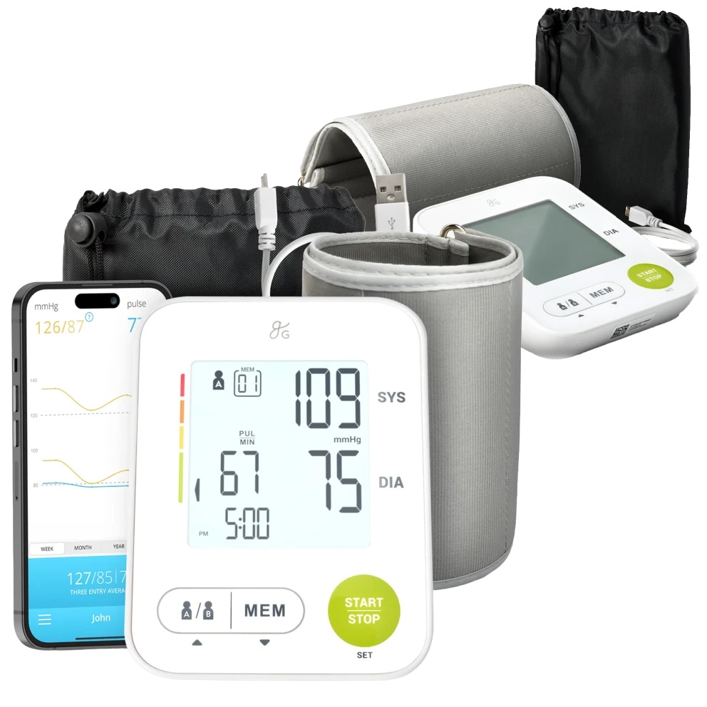 2-pack Bluetooth blood pressure monitors with digital display, USB charging, adjustable arm cuffs, and smartphone app connectivity for tracking readings.