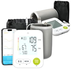 2-pack Bluetooth blood pressure monitors with digital display, USB charging, adjustable arm cuffs, and smartphone app connectivity for tracking readings.