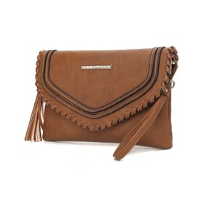 Brown MKF shoulder bag featuring a tassel, braided trim, and a metallic logo plate on the flap. Offers a detachable wrist strap for versatile carrying options.