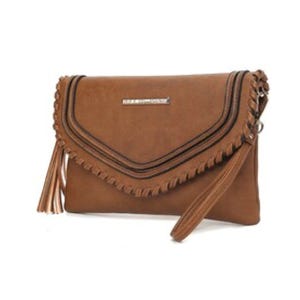 Brown MKF shoulder bag featuring a tassel, braided trim, and a metallic logo plate on the flap. Offers a detachable wrist strap for versatile carrying options.
