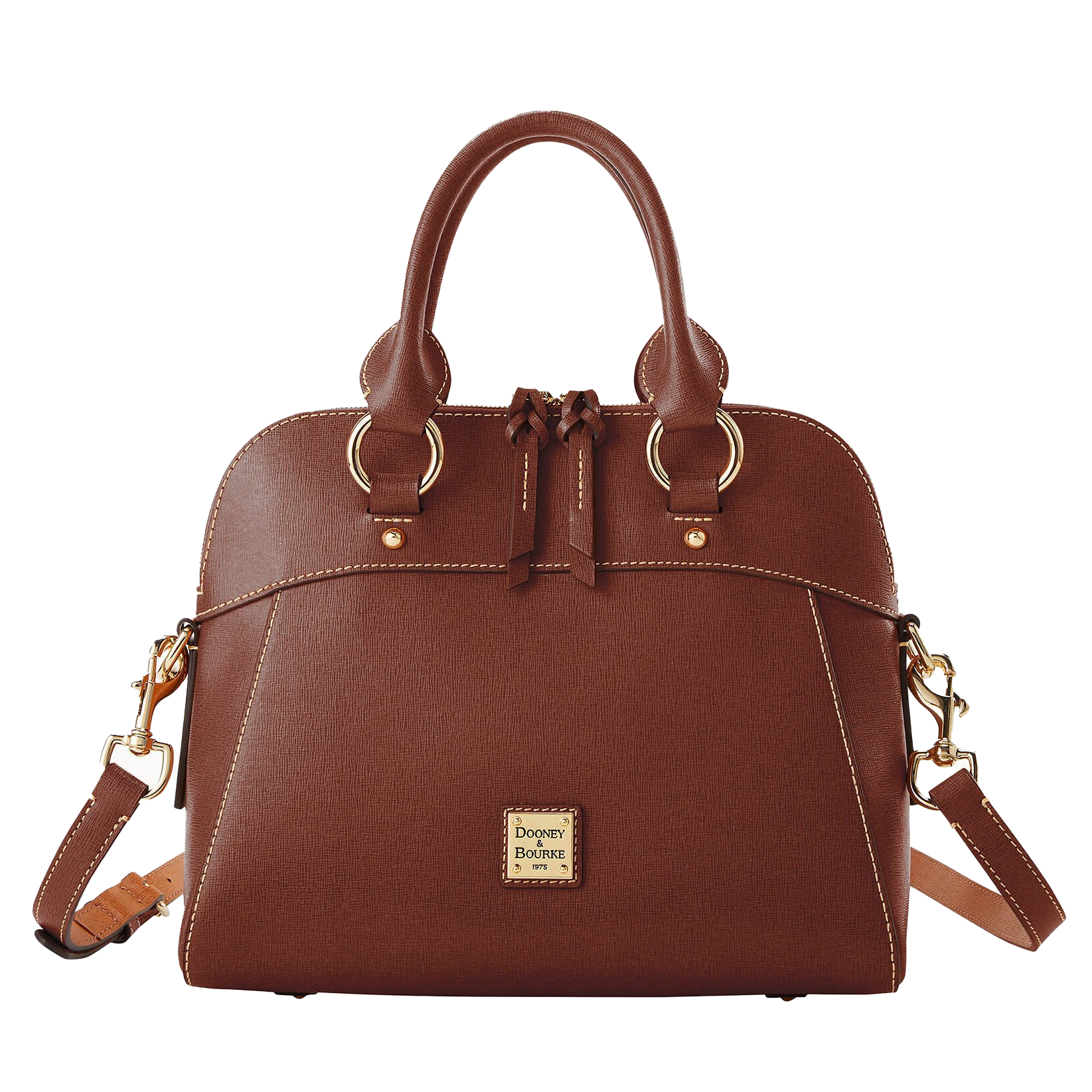 A brown Dooney & Bourke handbag with gold hardware, featuring dual handles, a detachable strap, and decorative stitching.