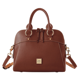 A brown Dooney & Bourke handbag with gold hardware, featuring dual handles, a detachable strap, and decorative stitching.