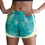 A person is wearing teal and yellow athletic shorts with a subtle pattern, featuring a small logo on the side.