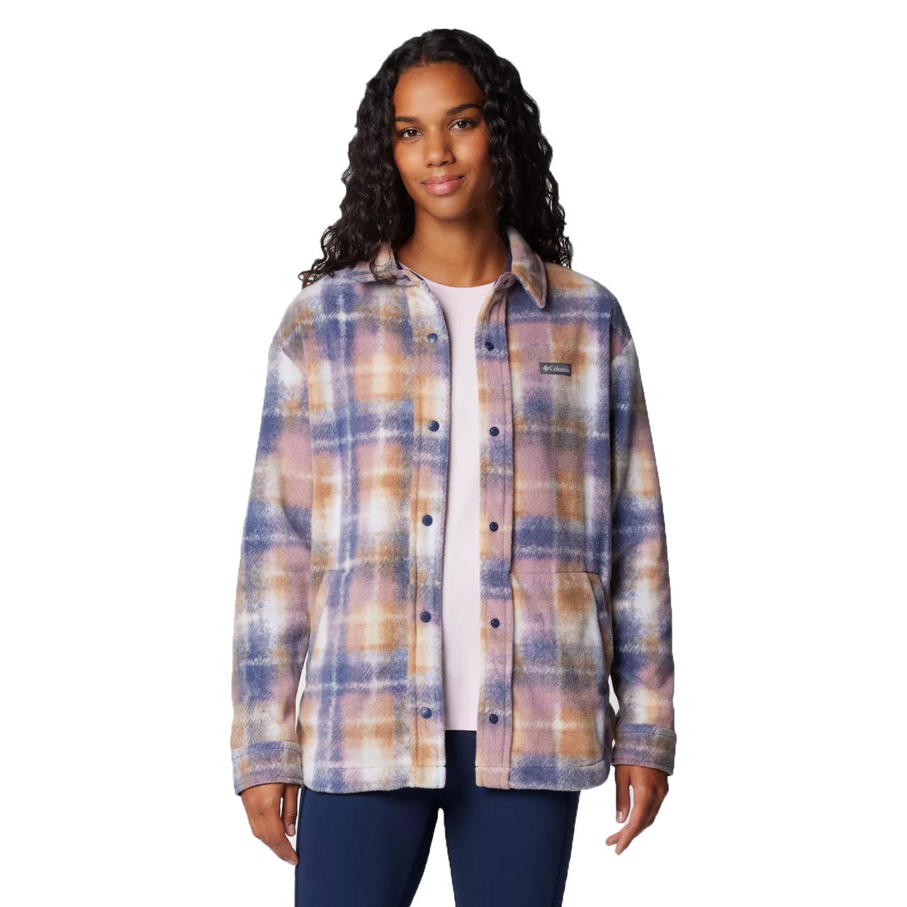 Plaid fleece jacket with a button-up front, long sleeves, and two front pockets, featuring a mix of purple, orange, and white colors.