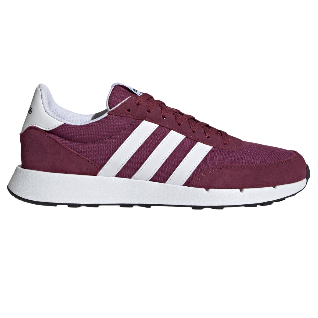 A maroon Adidas sneaker featuring three white stripes on the side, white midsole, and black rubber outsole.