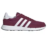 A maroon Adidas sneaker featuring three white stripes on the side, white midsole, and black rubber outsole.