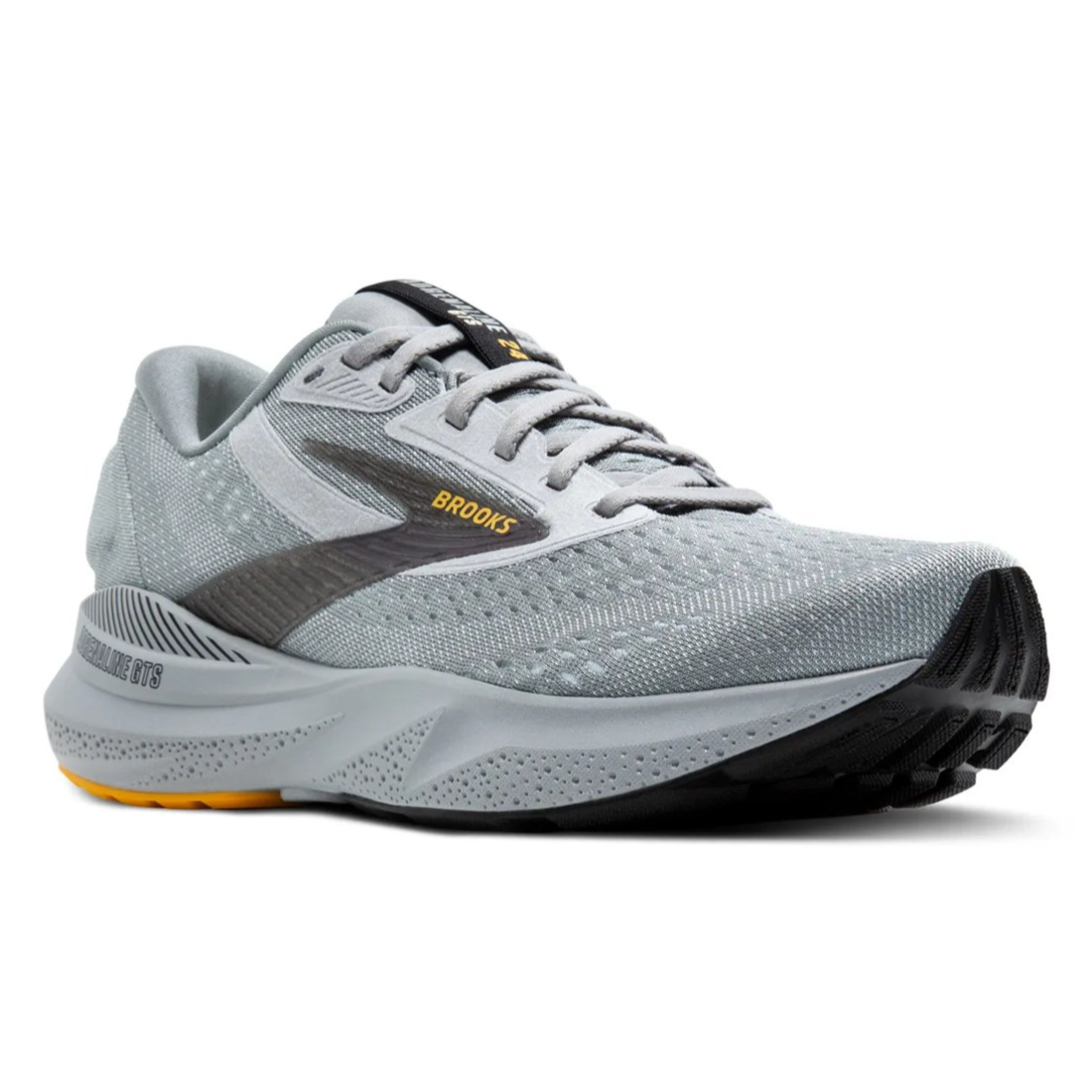 A gray Brooks running shoe featuring a mesh upper, lace-up closure, and cushioning sole, designed for stability and comfort.