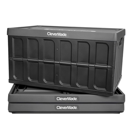 Collapsible plastic storage containers with the brand name \“CleverMade,\“ featuring a stackable design for efficient space use.