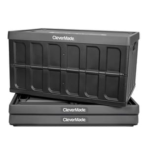 Collapsible plastic storage containers with the brand name \“CleverMade,\“ featuring a stackable design for efficient space use.