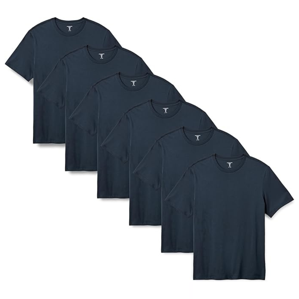A set of six navy blue crew neck T-shirts is displayed, arranged in a staggered formation.