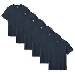 A set of six navy blue crew neck T-shirts is displayed, arranged in a staggered formation.