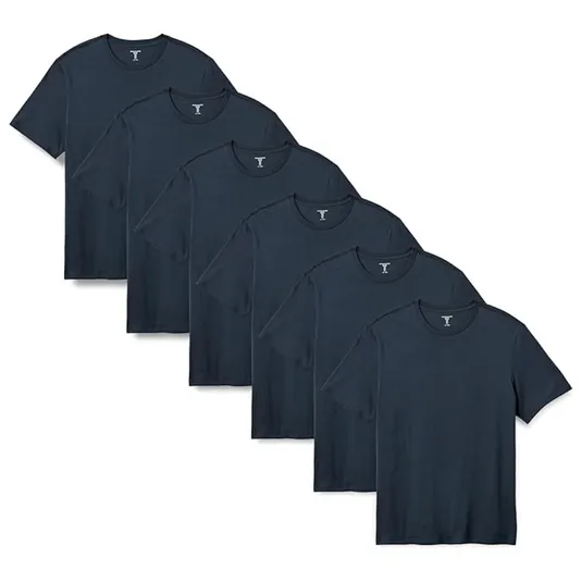 A set of six navy blue crew neck T-shirts is displayed, arranged in a staggered formation.