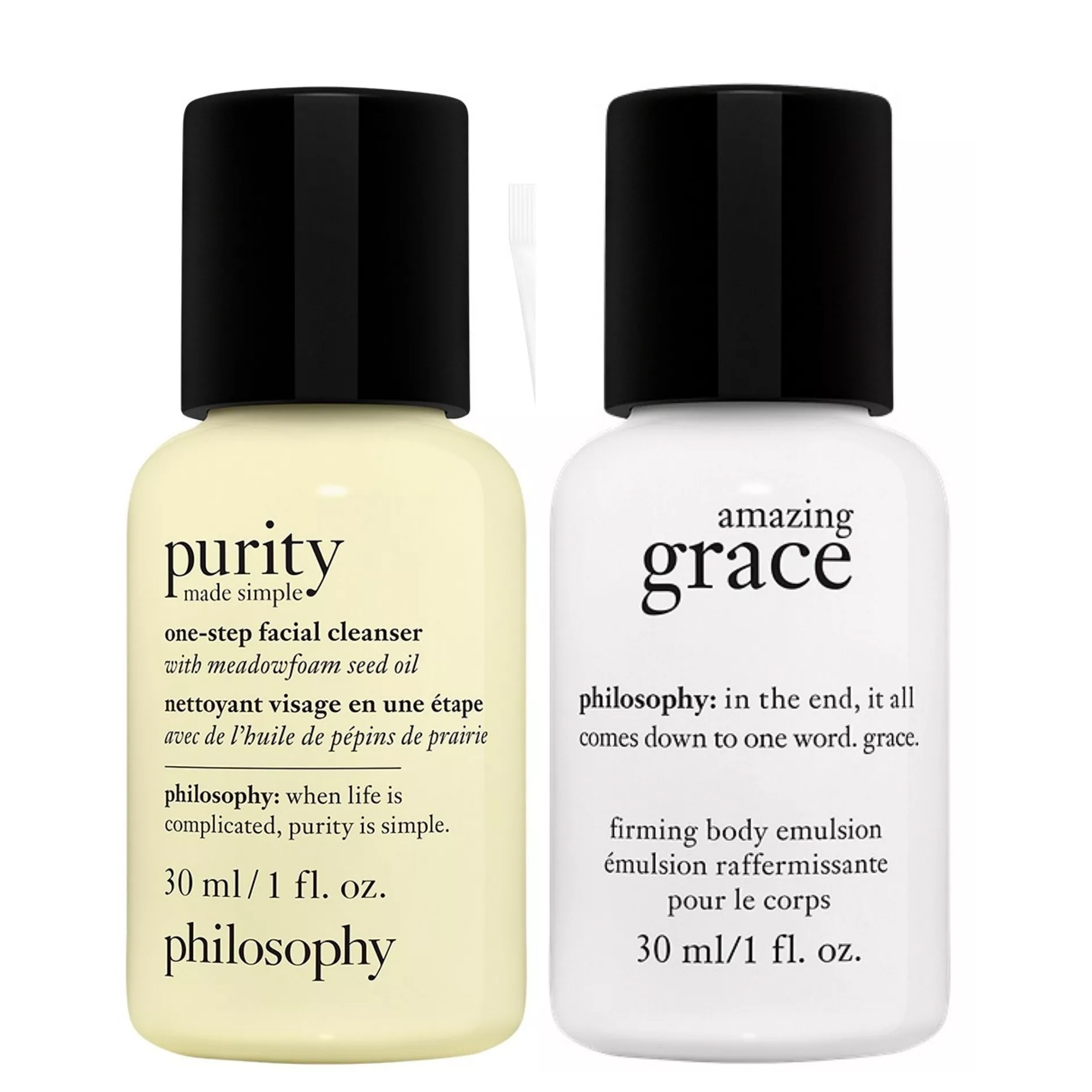 Two Philosophy products are shown: \“Purity Made Simple,\“ a one-step facial cleanser with meadowfoam seed oil, and \“Amazing Grace,\“ a firming body emulsion. Each bottle is 30 ml (1 fl. oz.).