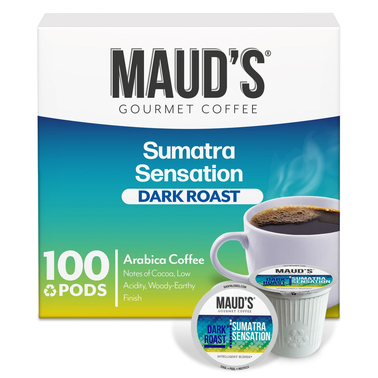 Maud's Gourmet Coffee Sumatra Sensation Dark Roast pods, 100 count, Arabica coffee with notes of cocoa, low acidity, woody-earthy finish.