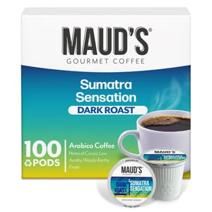 Maud's Gourmet Coffee Sumatra Sensation Dark Roast pods, 100 count, Arabica coffee with notes of cocoa, low acidity, woody-earthy finish.