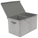 A gray and white chevron patterned storage box with a lid, featuring dual compartments and side handles.