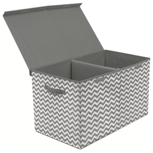 A gray and white chevron patterned storage box with a lid, featuring dual compartments and side handles.
