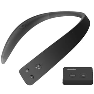 Panasonic Wearable Neck Speaker, a sleek, U-shaped wireless audio device worn around the neck for a personal sound experience, includes playback controls and comes with a separate, small remote for pairing and power control.