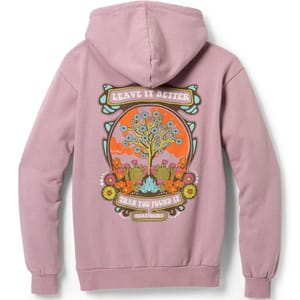 A pink hoodie features a colorful graphic on the back with flowers and a tree, surrounded by the phrase \“Leave It Better Than You Found It\“ and \“Parks Project.\“