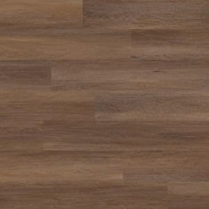 Dark-stained laminate flooring with a smooth wood grain texture, featuring a mix of brown tones for a natural look.