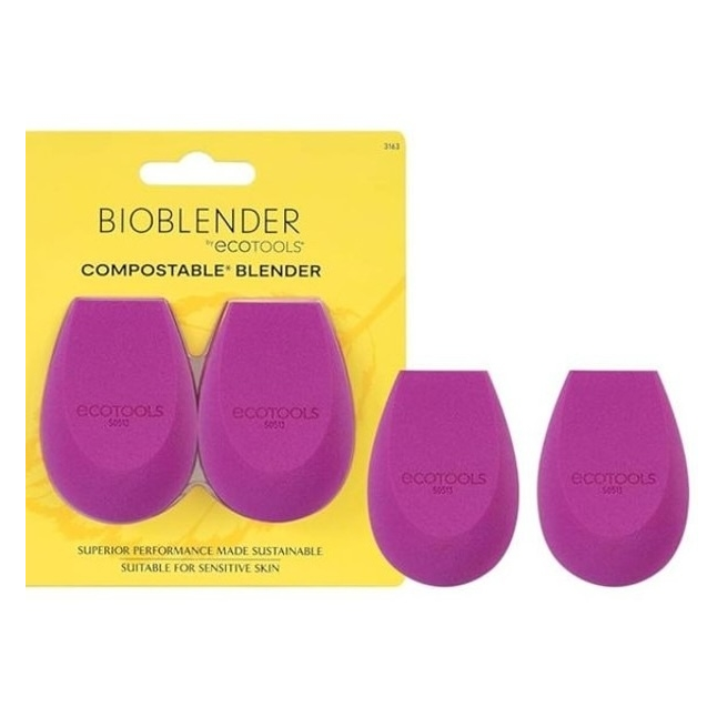 EcoTools Bioblender Compostable Blenders are shown in a pack of three, with two in packaging and one displayed separately. These are purple, sustainable makeup blenders suitable for sensitive skin.