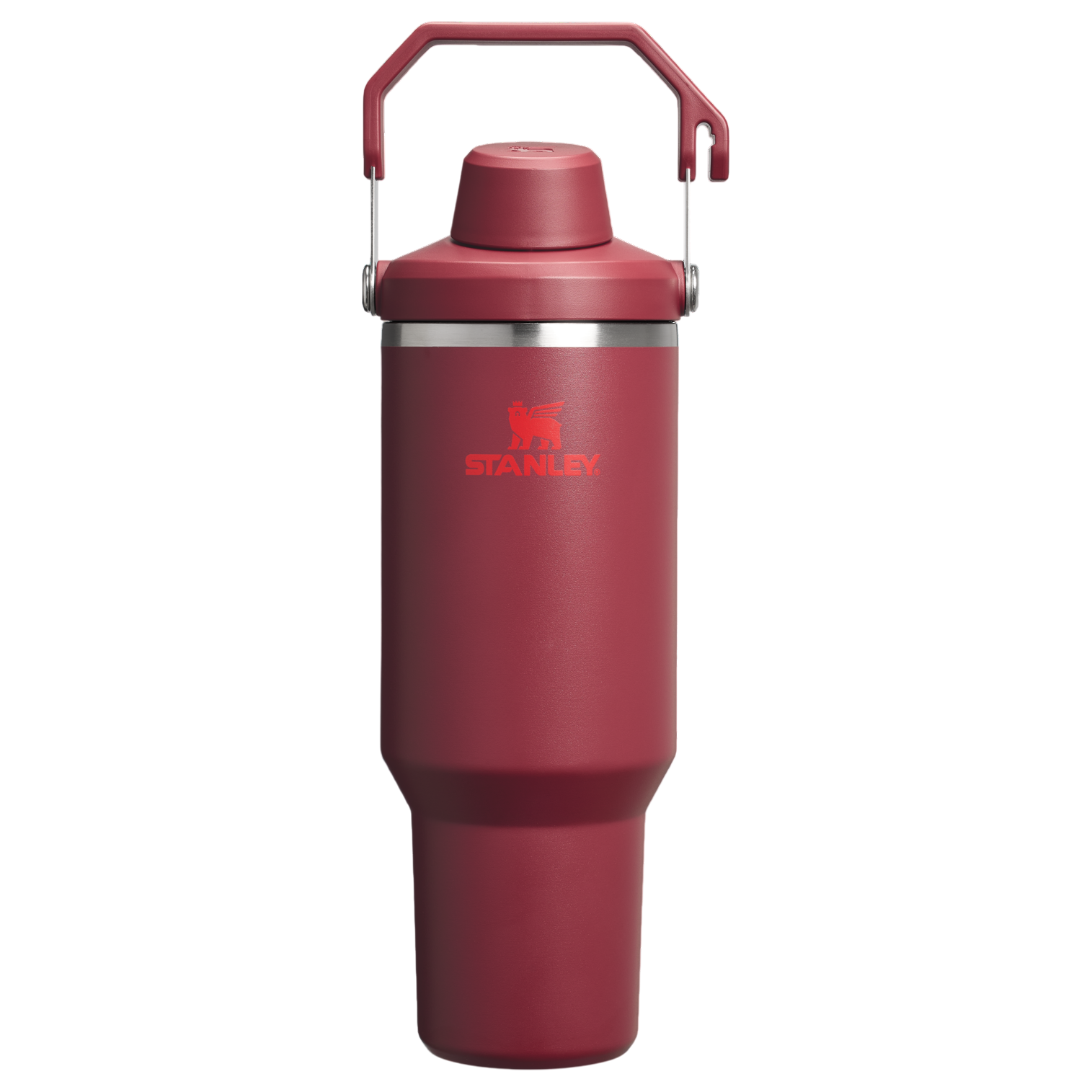 A red Stanley travel mug with a handle, featuring a leak-proof lid.