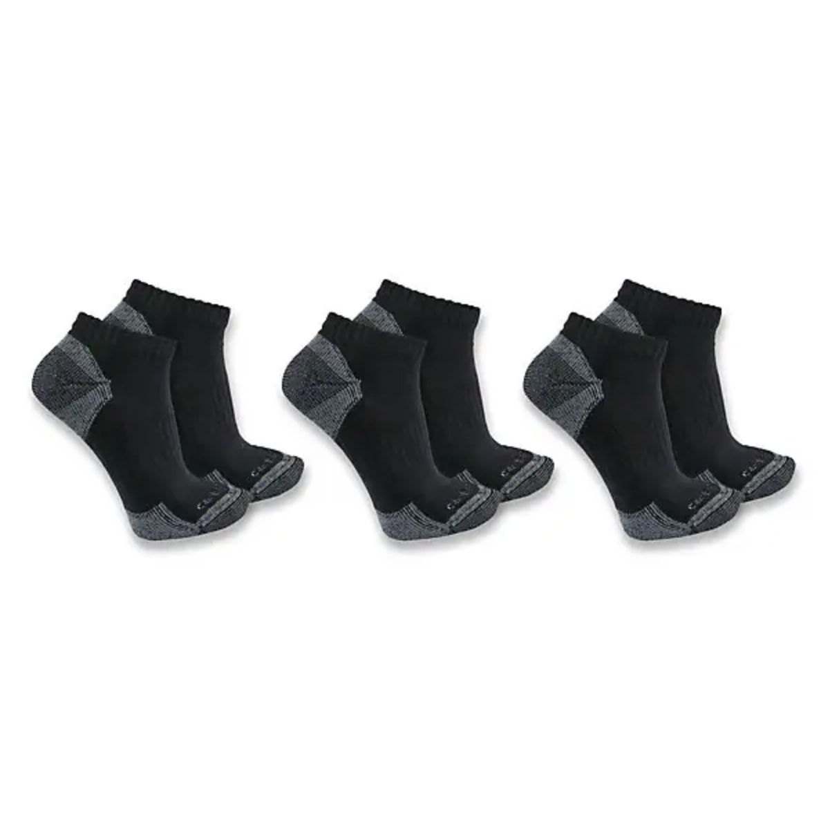 Six pairs of black ankle socks with cushioned gray heels and toes, designed for comfort and durability.