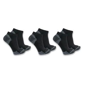 Six pairs of black ankle socks with cushioned gray heels and toes, designed for comfort and durability.