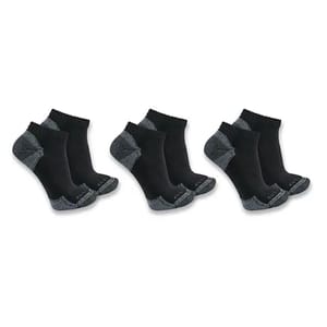 Six pairs of black ankle socks with cushioned gray heels and toes, designed for comfort and durability.