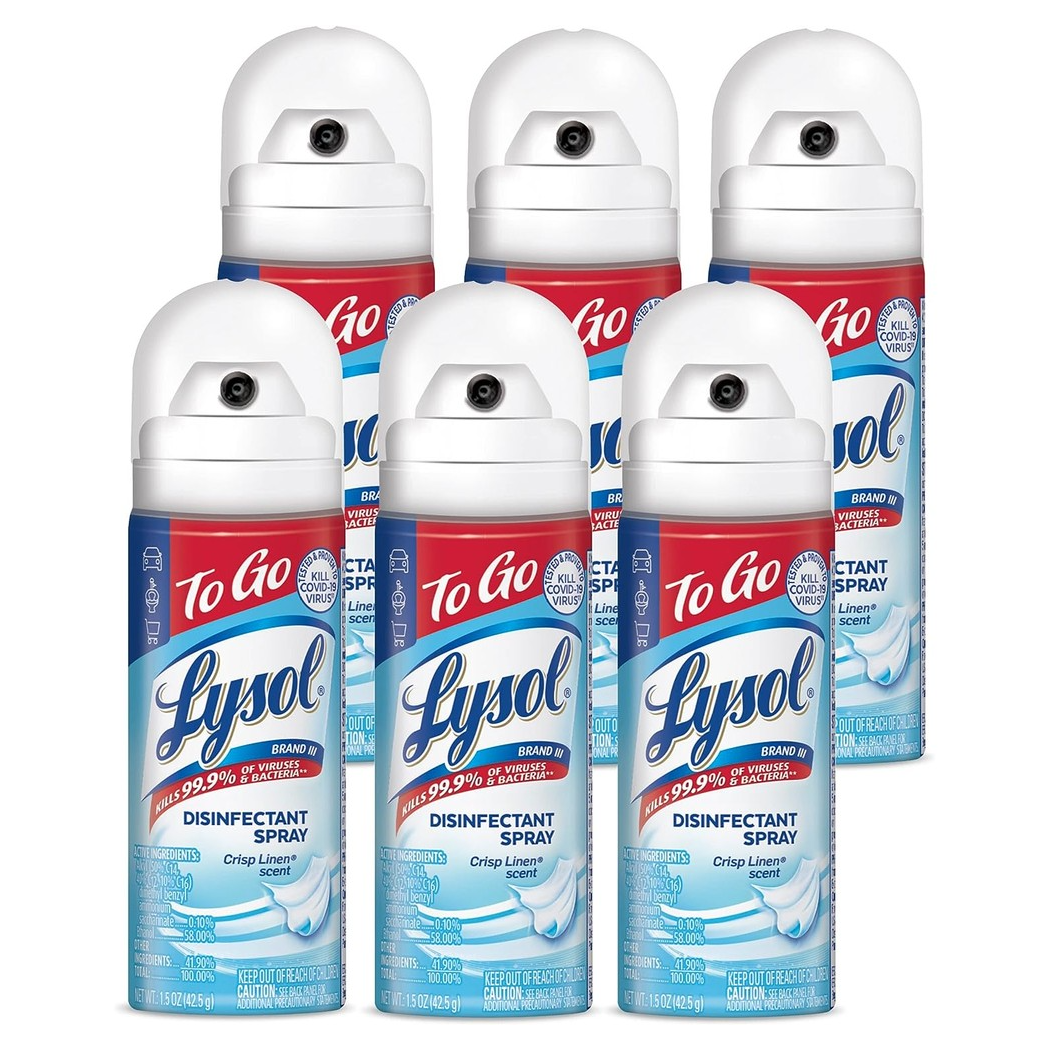 Six cans of Lysol Disinfectant Spray, labeled 'To Go' with Crisp Linen scent, are shown.